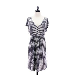 Style & Co Gray Black Striped Midi V Neck Dress Short Sleeve‎ Rayon Spandex